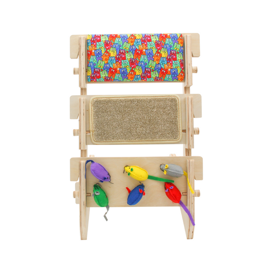 ScratchLadder: Colorful Cats Catnip Cushion, Beige Carpet, Felt Mice