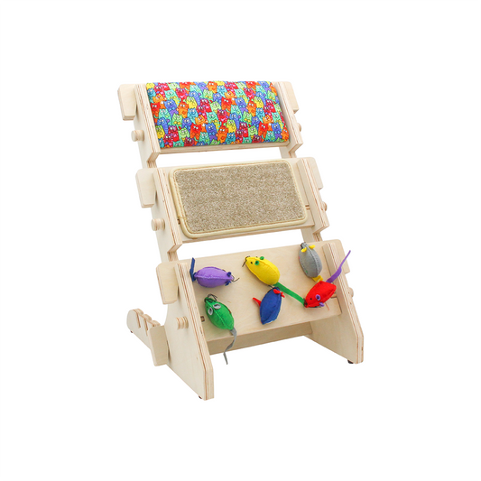 ScratchLadder: Colorful Cats Catnip Cushion, Beige Carpet, Felt Mice