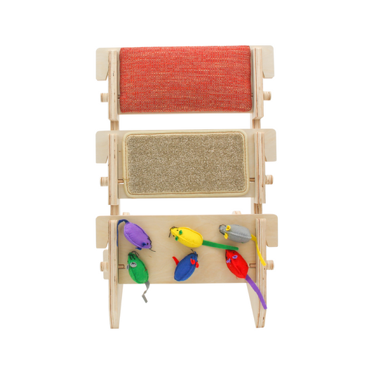 ScratchLadder: Red Velvet Catnip Cushion, Beige Carpet, Felt Mice