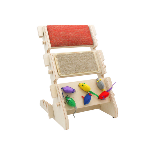 ScratchLadder: Red Velvet Catnip Cushion, Beige Carpet, Felt Mice