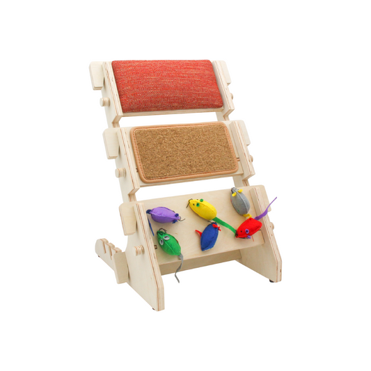 ScratchLadder: Red Velvet Catnip Cushion, Brown Carpet, Felt Mice