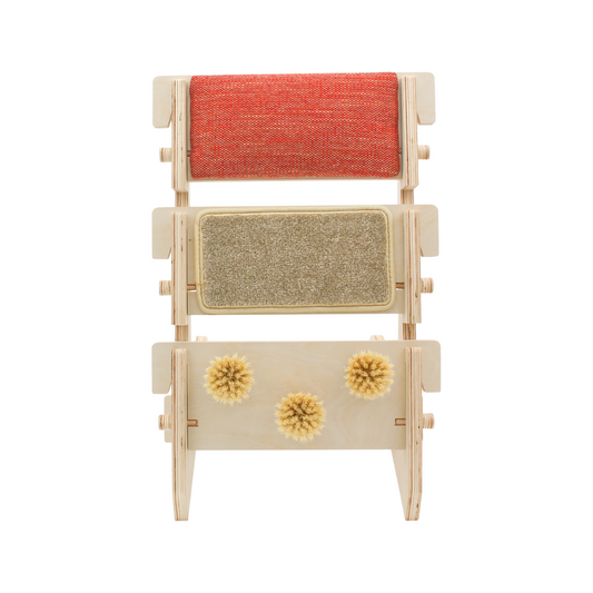 ScratchLadder: Red Velvet Catnip Cushion, Beige Carpet, Grooming