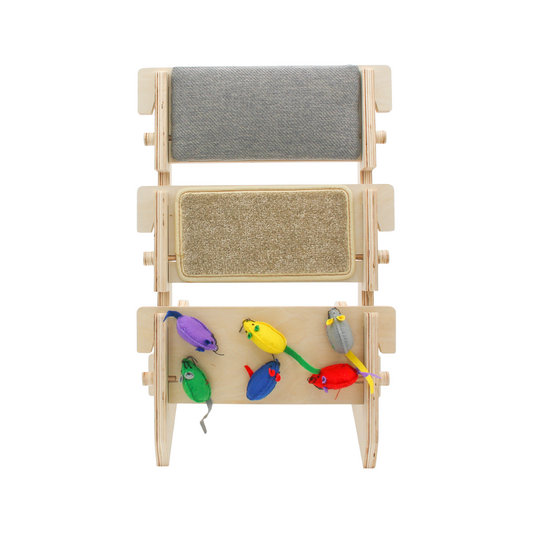 ScratchLadder: Seriously Grey Catnip Cushion, Beige Carpet, Felt Mice