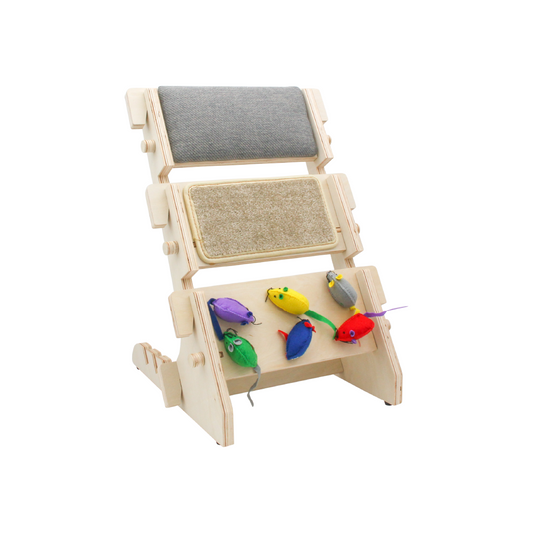 ScratchLadder: Seriously Grey Catnip Cushion, Beige Carpet, Felt Mice