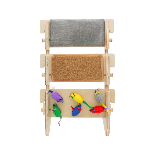 ScratchLadder: Seriously Grey Catnip Cushion, Brown Carpet, Felt Mice