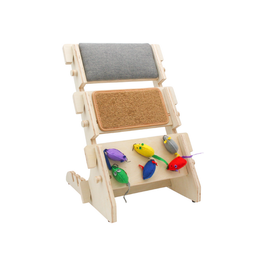 ScratchLadder: Seriously Grey Catnip Cushion, Brown Carpet, Felt Mice